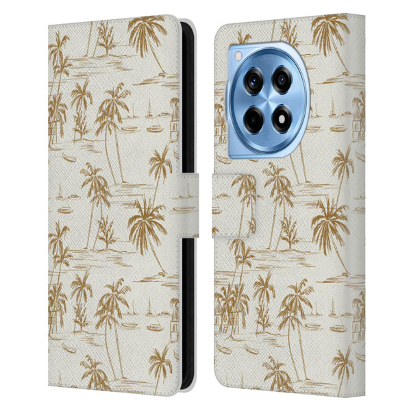 Anis Illustration Mix Pattern Beach Beige Gold Leather Book Wallet Case Cover For OnePlus 12R