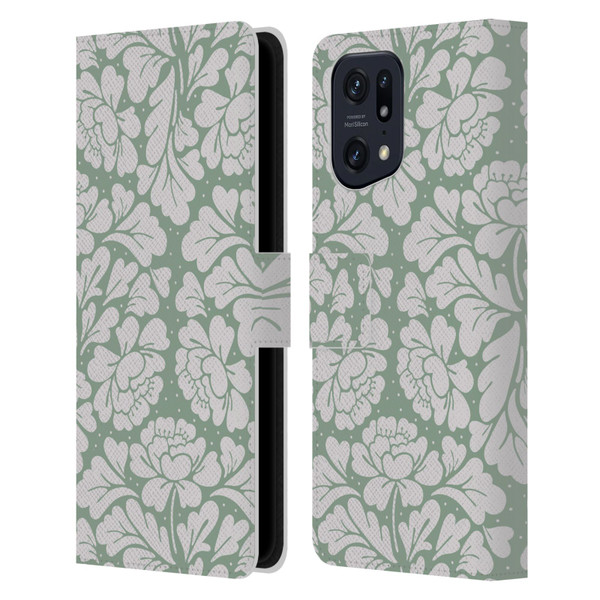 Anis Illustration Mix Pattern Baroque Pastel Green Leather Book Wallet Case Cover For OPPO Find X5