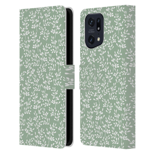 Anis Illustration Mix Pattern Tiny Leaves Beige Leather Book Wallet Case Cover For OPPO Find X5