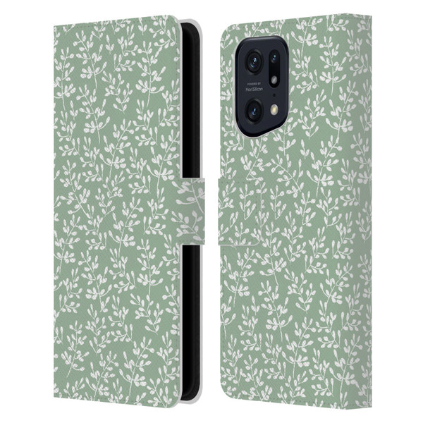 Anis Illustration Mix Pattern Tiny Leaves Beige Leather Book Wallet Case Cover For OPPO Find X5 Pro