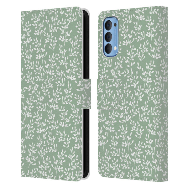 Anis Illustration Mix Pattern Tiny Leaves Beige Leather Book Wallet Case Cover For OPPO Reno 4 5G