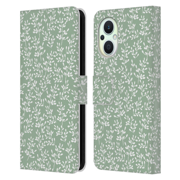 Anis Illustration Mix Pattern Tiny Leaves Beige Leather Book Wallet Case Cover For OPPO Reno8 Lite