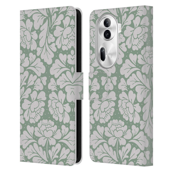 Anis Illustration Mix Pattern Baroque Pastel Green Leather Book Wallet Case Cover For OPPO Reno11