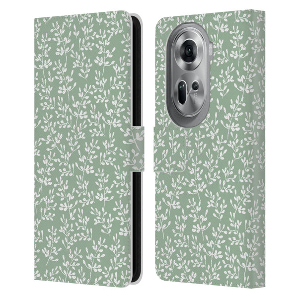 Anis Illustration Mix Pattern Tiny Leaves Beige Leather Book Wallet Case Cover For OPPO Reno11 Pro