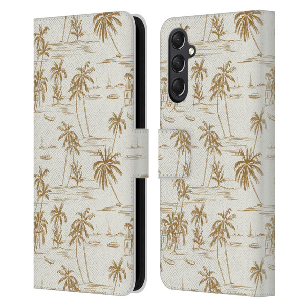 Anis Illustration Mix Pattern Beach Beige Gold Leather Book Wallet Case Cover For Samsung Galaxy A24 4G / M34 5G