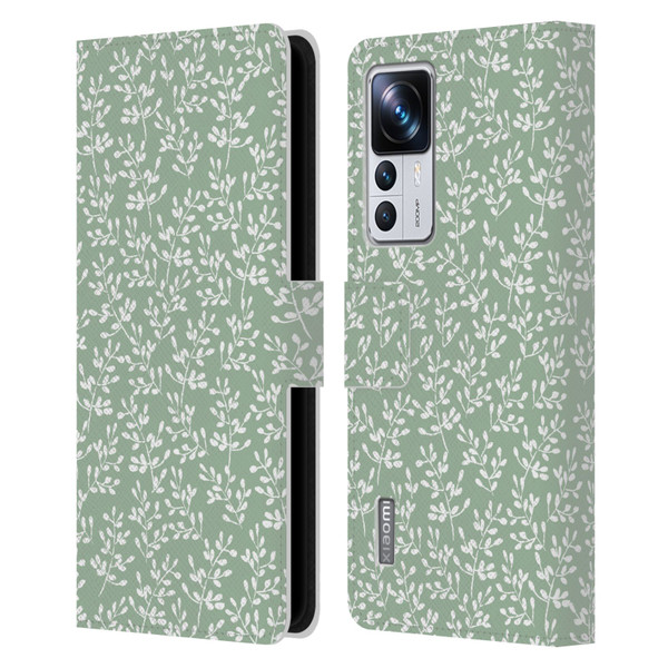 Anis Illustration Mix Pattern Tiny Leaves Beige Leather Book Wallet Case Cover For Xiaomi 12T Pro