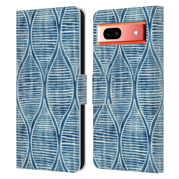 Micklyn Le Feuvre Flora And Fauna Hand Painted Blue White Pattern Leather Book Wallet Case Cover For Google Pixel 7a