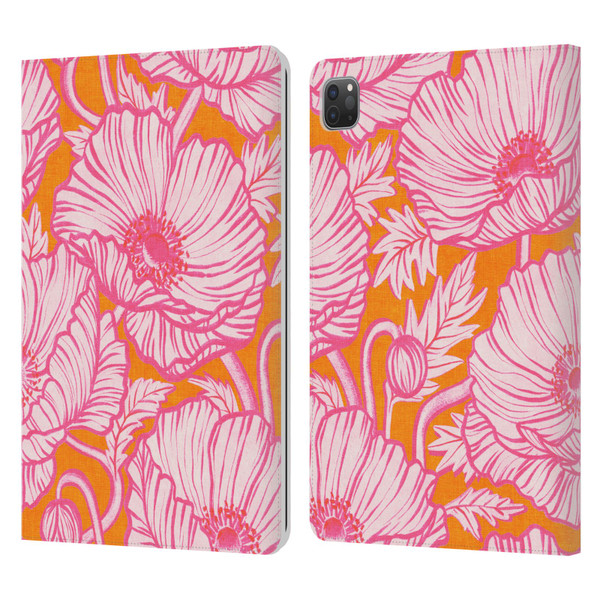 Micklyn Le Feuvre Flora And Fauna Hot Pink Orange Poppy Floral Leather Book Wallet Case Cover For Apple iPad Pro 11 2020 / 2021 / 2022