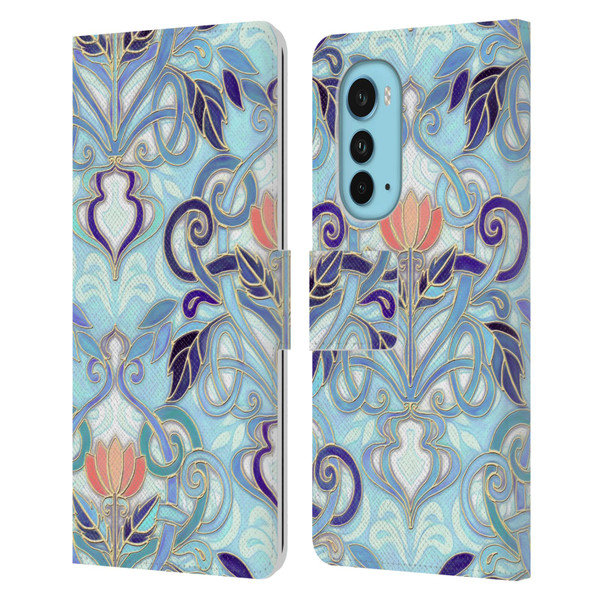 Micklyn Le Feuvre Patterns 2 Indigo Blue Art Nouveau With Peach Flowers Leather Book Wallet Case Cover For Motorola Edge (2022)