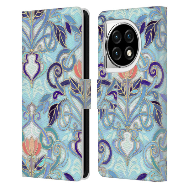 Micklyn Le Feuvre Patterns 2 Indigo Blue Art Nouveau With Peach Flowers Leather Book Wallet Case Cover For OPPO OnePlus Ace 3 5G