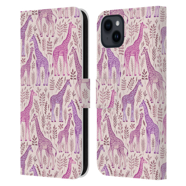Micklyn Le Feuvre Wildlife Pink Giraffes Leather Book Wallet Case Cover For Apple iPhone 15 Plus
