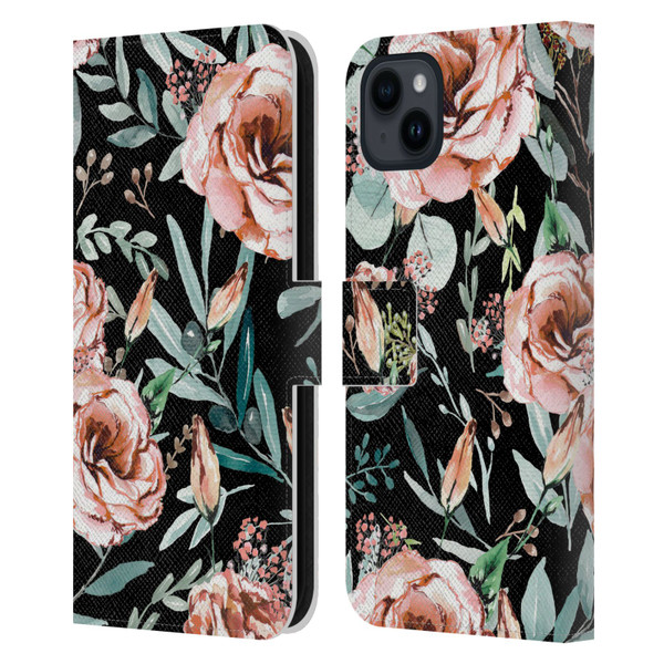 Anis Illustration Bloomers Black Leather Book Wallet Case Cover For Apple iPhone 15 Plus