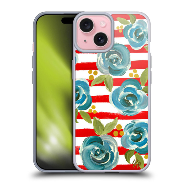 Haley Bush Floral Painting Blue Rose Red Stripe Soft Gel Case for Apple iPhone 15