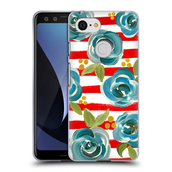 Haley Bush Floral Painting Blue Rose Red Stripe Soft Gel Case for Google Pixel 3