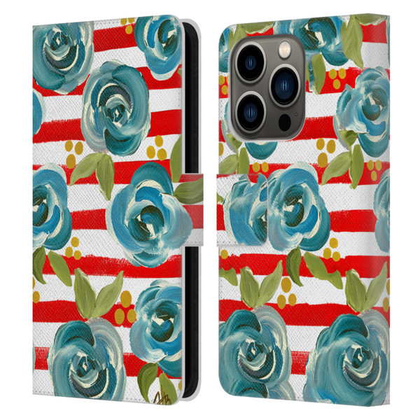 Haley Bush Floral Painting Blue Rose Red Stripe Leather Book Wallet Case Cover For Apple iPhone 14 Pro