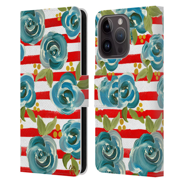 Haley Bush Floral Painting Blue Rose Red Stripe Leather Book Wallet Case Cover For Apple iPhone 15 Pro