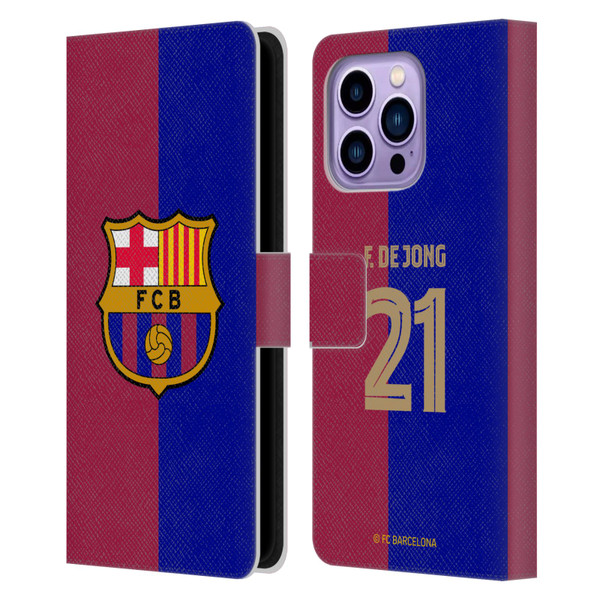 FC Barcelona 2024/25 Players Home Kit Frenkie de Jong Leather Book Wallet Case Cover For Apple iPhone 14 Pro Max