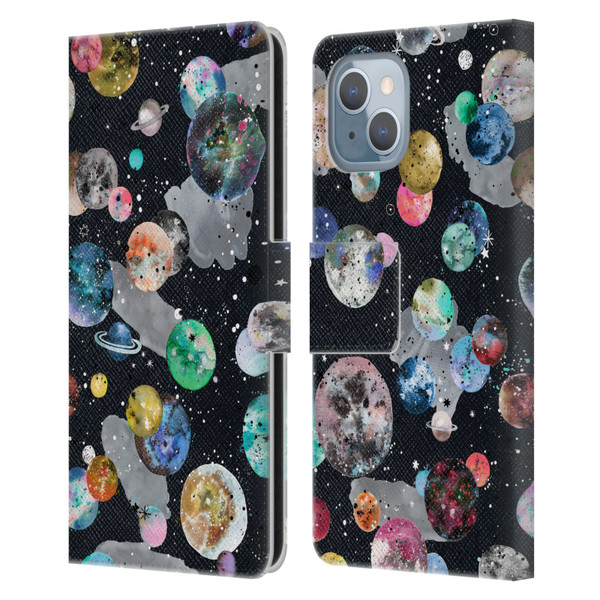 Ninola Colourful Patterns Space Planets Black Leather Book Wallet Case Cover For Apple iPhone 14