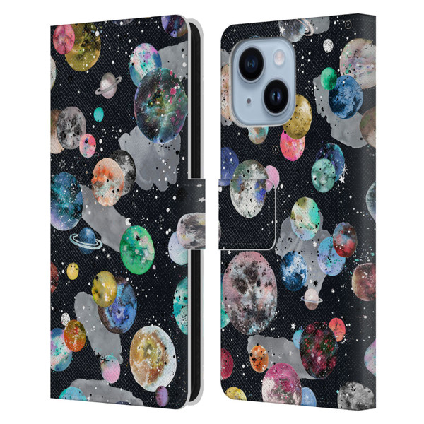 Ninola Colourful Patterns Space Planets Black Leather Book Wallet Case Cover For Apple iPhone 14 Plus