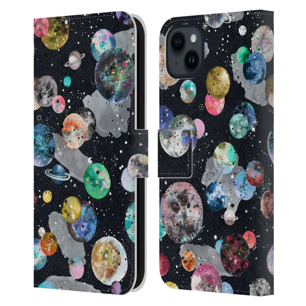 Ninola Colourful Patterns Space Planets Black Leather Book Wallet Case Cover For Apple iPhone 15 Plus