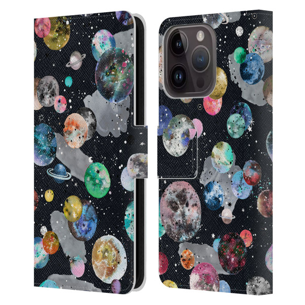 Ninola Colourful Patterns Space Planets Black Leather Book Wallet Case Cover For Apple iPhone 15 Pro