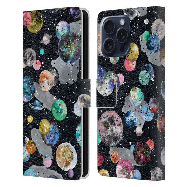 Ninola Colourful Patterns Space Planets Black Leather Book Wallet Case Cover For Apple iPhone 16 Pro Max