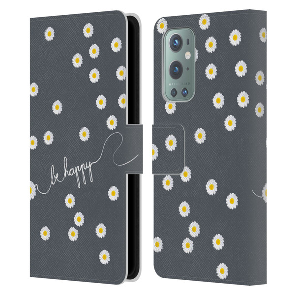 Monika Strigel Happy Daisy Grey Leather Book Wallet Case Cover For OnePlus 9