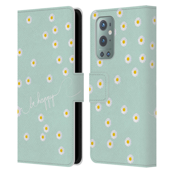 Monika Strigel Happy Daisy Mint Leather Book Wallet Case Cover For OnePlus 9