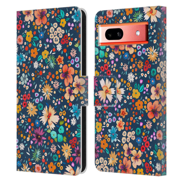 Ninola Colourful Prints Blue Floral Leather Book Wallet Case Cover For Google Pixel 7a