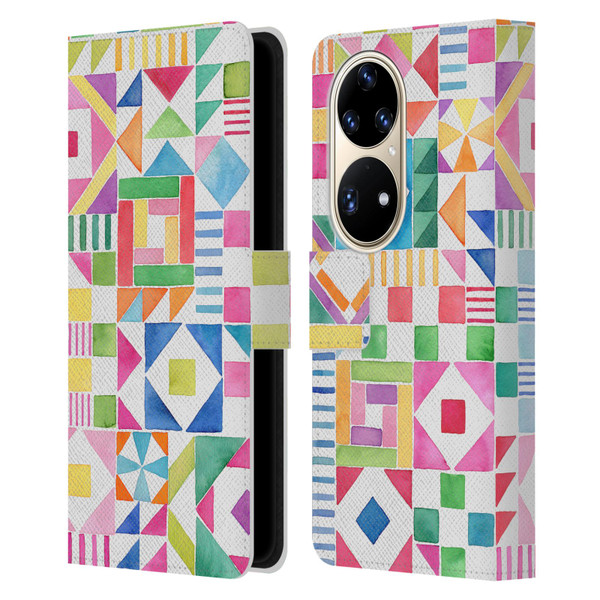 Ninola Colourful Prints Geometric Patchwork Leather Book Wallet Case Cover For Huawei P50 Pro