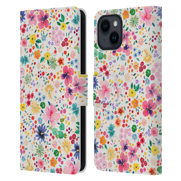 Ninola Colourful Prints Pink Floral Leather Book Wallet Case Cover For Apple iPhone 15