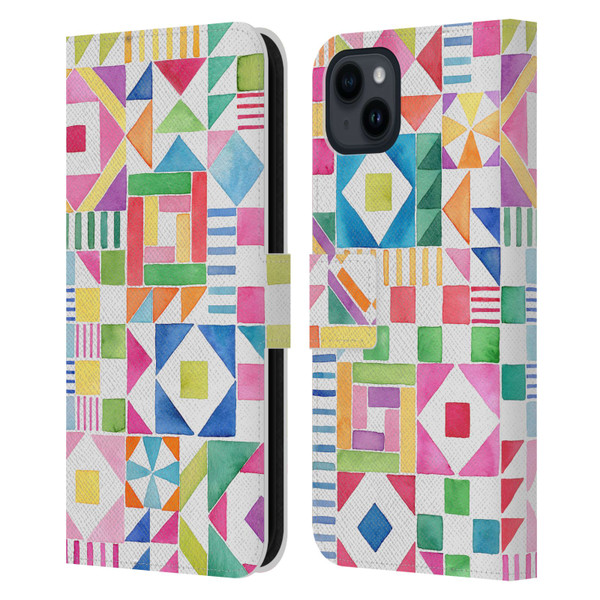 Ninola Colourful Prints Geometric Patchwork Leather Book Wallet Case Cover For Apple iPhone 15 Plus