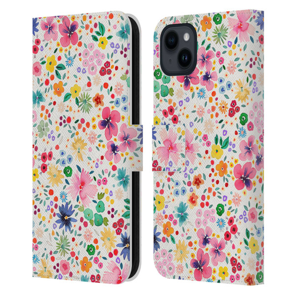 Ninola Colourful Prints Pink Floral Leather Book Wallet Case Cover For Apple iPhone 15 Plus