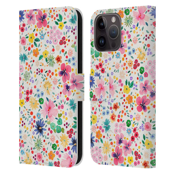 Ninola Colourful Prints Pink Floral Leather Book Wallet Case Cover For Apple iPhone 15 Pro Max