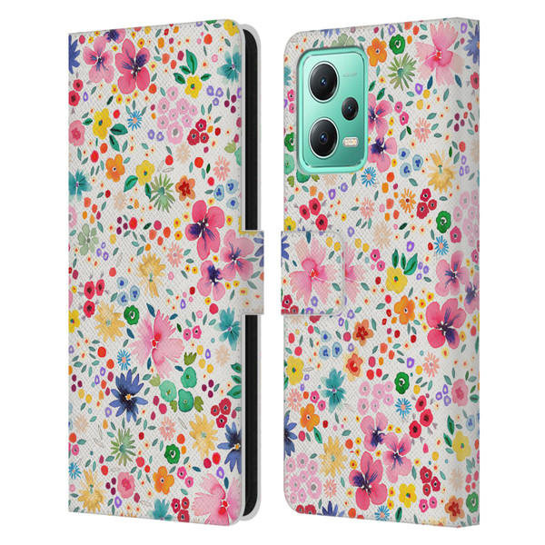 Ninola Colourful Prints Pink Floral Leather Book Wallet Case Cover For Xiaomi Redmi Note 12 5G