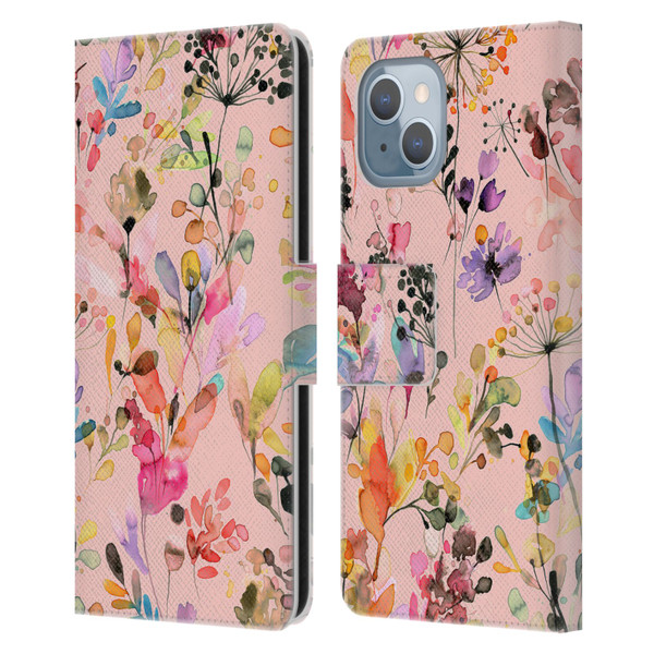 Ninola Flower Patterns Wild Grasses Pink Leather Book Wallet Case Cover For Apple iPhone 14