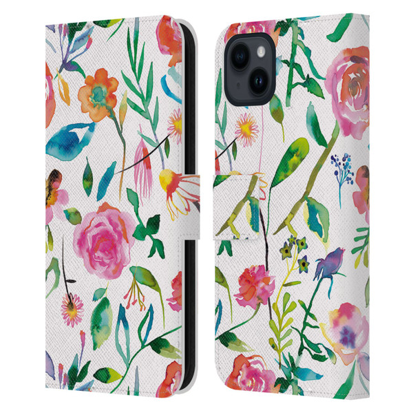 Ninola Flower Patterns Floral Green Leather Book Wallet Case Cover For Apple iPhone 15 Plus