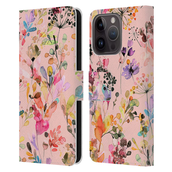 Ninola Flower Patterns Wild Grasses Pink Leather Book Wallet Case Cover For Apple iPhone 15 Pro