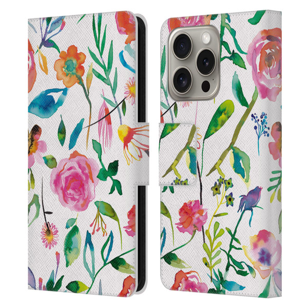 Ninola Flower Patterns Floral Green Leather Book Wallet Case Cover For Apple iPhone 16 Pro