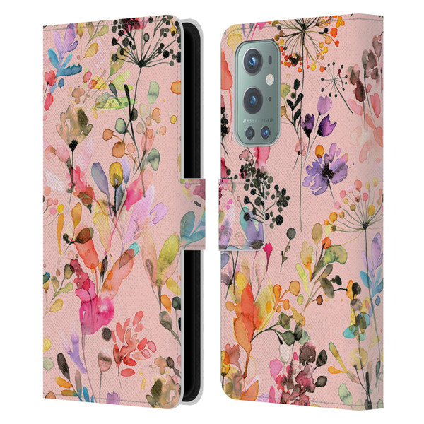 Ninola Flower Patterns Wild Grasses Pink Leather Book Wallet Case Cover For OnePlus 9