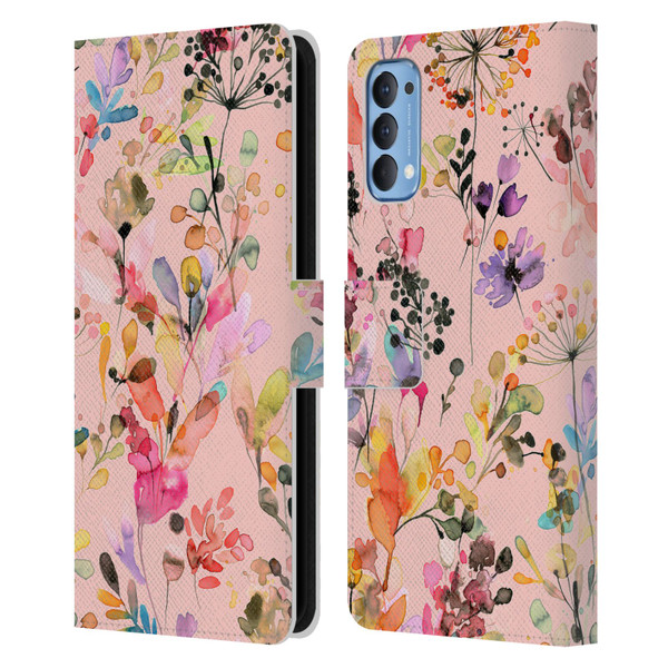 Ninola Flower Patterns Wild Grasses Pink Leather Book Wallet Case Cover For OPPO Reno 4 5G
