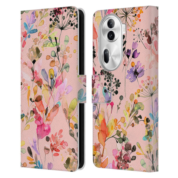 Ninola Flower Patterns Wild Grasses Pink Leather Book Wallet Case Cover For OPPO Reno11