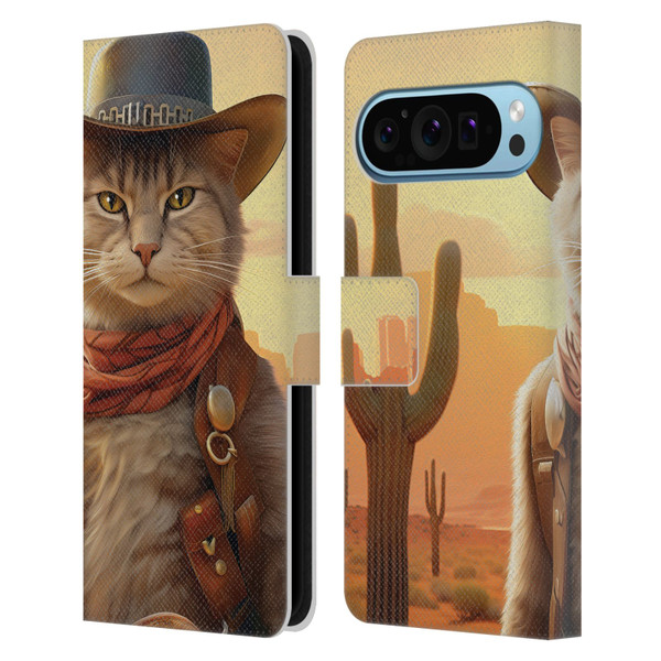 Michael David Ward Animals Kitty Cowboy Leather Book Wallet Case Cover For Google Pixel 9 / Pixel 9 Pro
