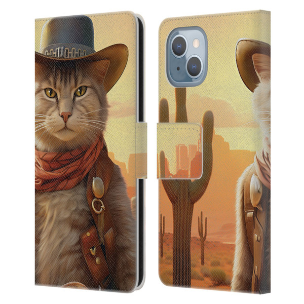Michael David Ward Animals Kitty Cowboy Leather Book Wallet Case Cover For Apple iPhone 14