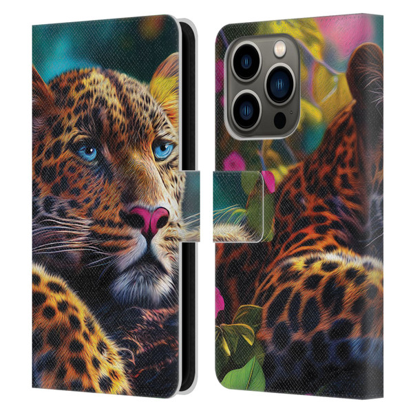 Michael David Ward Animals Reclining Leopard Leather Book Wallet Case Cover For Apple iPhone 14 Pro