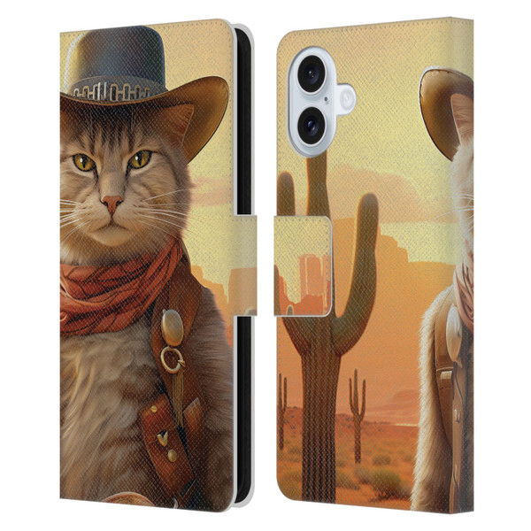Michael David Ward Animals Kitty Cowboy Leather Book Wallet Case Cover For Apple iPhone 16 Plus