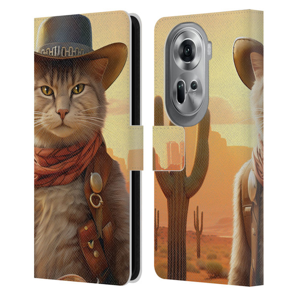 Michael David Ward Animals Kitty Cowboy Leather Book Wallet Case Cover For OPPO Reno11 Pro