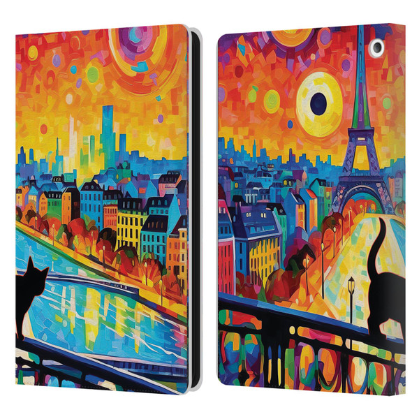 Michael David Ward Psychedelic Art Midnight Cat In Paris Leather Book Wallet Case Cover For Amazon Fire HD 8/Fire HD 8 Plus 2020