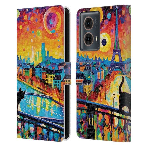Michael David Ward Psychedelic Art Midnight Cat In Paris Leather Book Wallet Case Cover For Motorola Moto G85