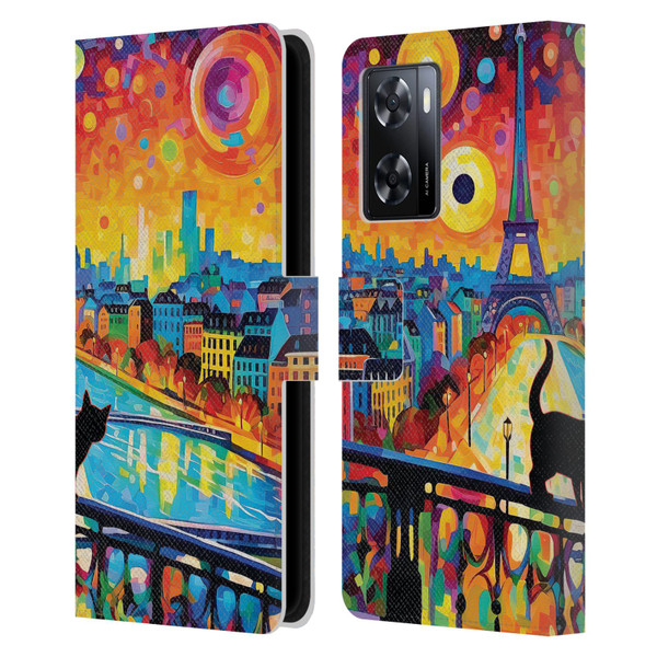 Michael David Ward Psychedelic Art Midnight Cat In Paris Leather Book Wallet Case Cover For OPPO A57s